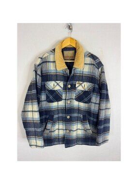 Sport Replay Plaid Flannel Shirt Jacket Blue Cream Corduroy Collar Men M
